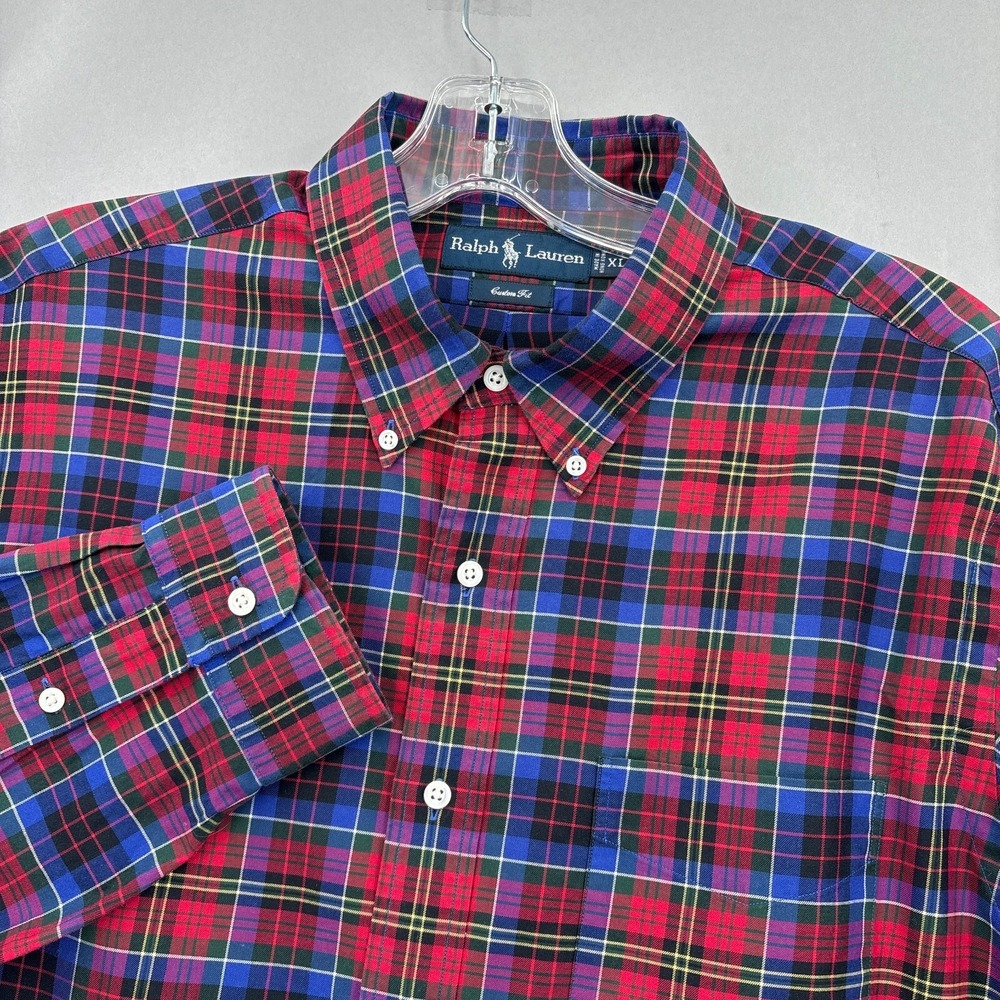 Ralph Lauren Shirt Mens XL Red Blue Plaid Button Down Tartan Custom‎ Fit Twill